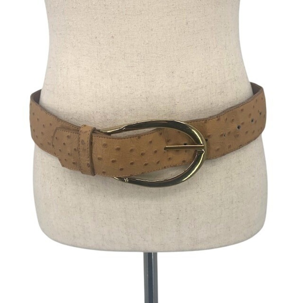 Vintage USA Genuine Leather Belt Tan Ostrich Embossed Gold Buckle Western S/M